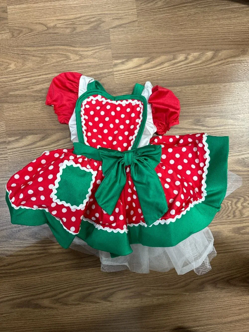 Girls Polka Dot Performance Costume Red Green Puff Sleeve Dress